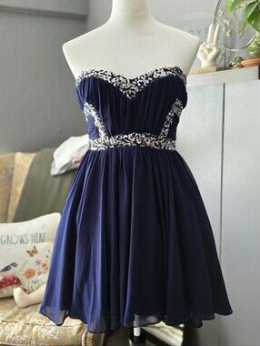 City Studio Navy Blue Strapless Fit And Flare Dress With Sequin Accents